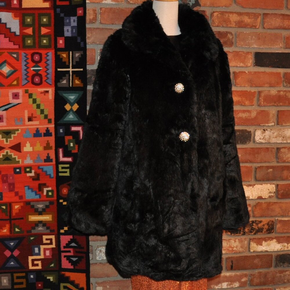 Kate spade New York Black Faux Fur Teddy Pea Coat Rhinestone Buttons L
